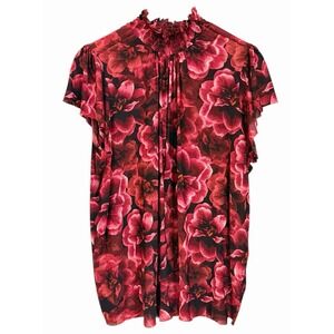 Torrid 2X Blouse Red Ditsy Floral Whimsy Flowy Smocked Neck Flutter Cap Sleeve